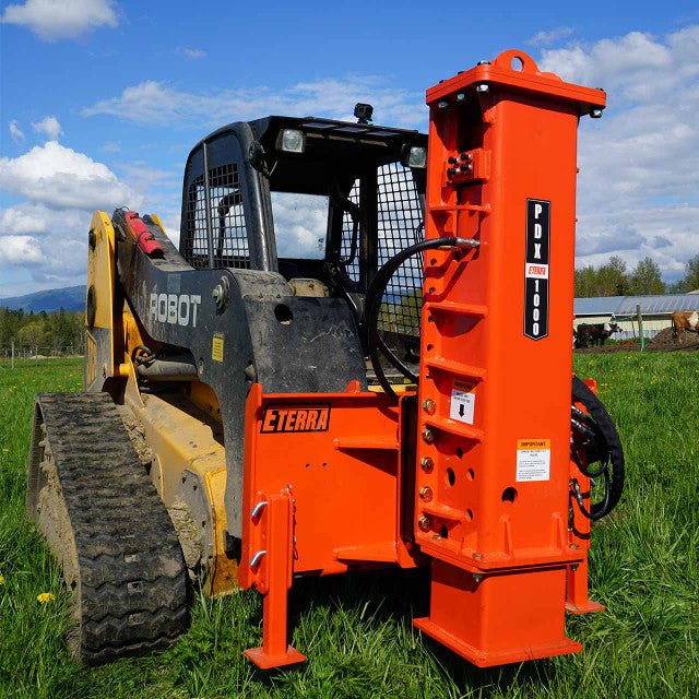 Eterra Skid Steer PDX - 1000 Extreme Post Driver with Tilt Base + Grapple - w/Post Guide Housing - Landboss