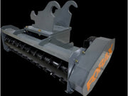 Forax hydraulic mulcher attachment with rotating cutter drum and excavator mounts