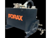 Forax 20.8 GPM PTO hydraulic power pack with reservoir and hoses, mounted for tractor PTO use.