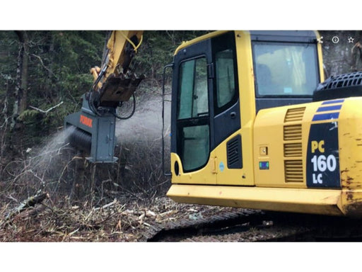 Forax XD66 excavator mulcher in operation on 20–26 ton excavator, processing brush and vegetation in a forestry worksite