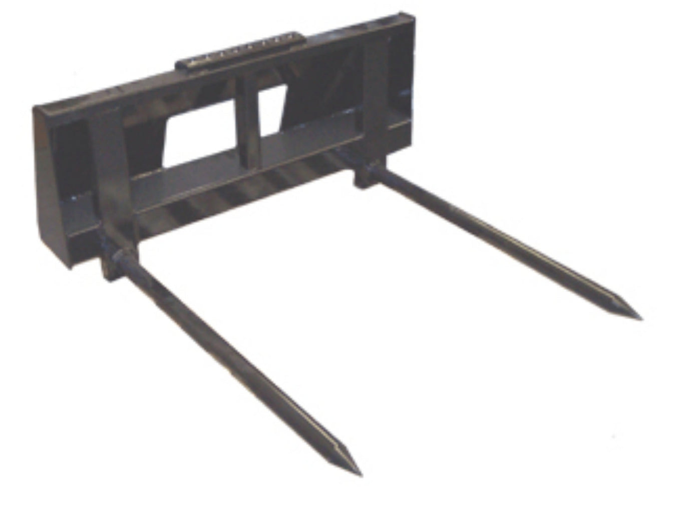 Haugen bale fork for skid steers with dual 48-inch cold-rolled steel spears and heavy-duty frame, designed for lifting large hay bales and farm hay handling
