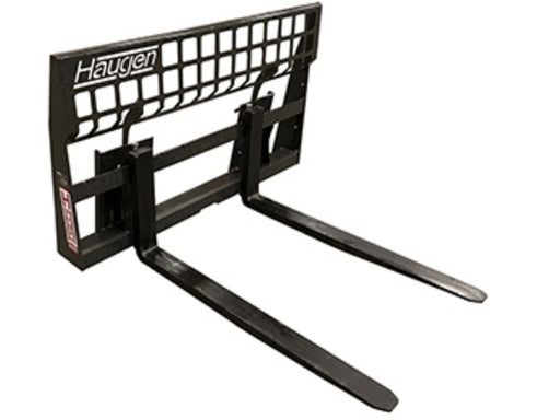 Haugen Extreme Duty Skid-Steer Forks with heavy-duty rail frame and adjustable pallet fork tines for skid loaders and compact equipment