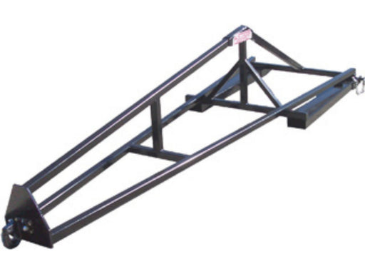 Haugen fork-slot truss jib for telehandlers with long-reach steel boom and slip-over fork mounting.