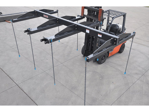 Haugen Mesh Handler with 162-inch frame, 90-inch depth, Grade 100 chains, twist-lock hooks, and fork mounts for heavy-duty mesh lifting.