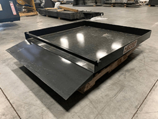 Haugen Loading Box for Forklifts with built-in ramp, safety bar, and 1000 lb trailer spotter for safe equipment loading into pickup truck beds.