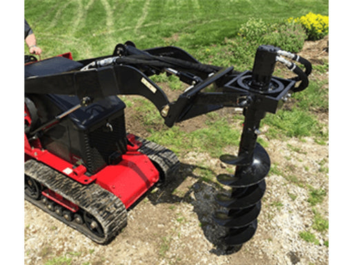 Mini skid-steer auger connected to loader, designed for post hole and tree planting tasks