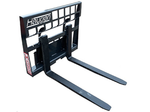 Haugen mini skid-steer pallet forks with compact frame, adjustable forged tines, and heavy-duty construction for tight-space material handling.