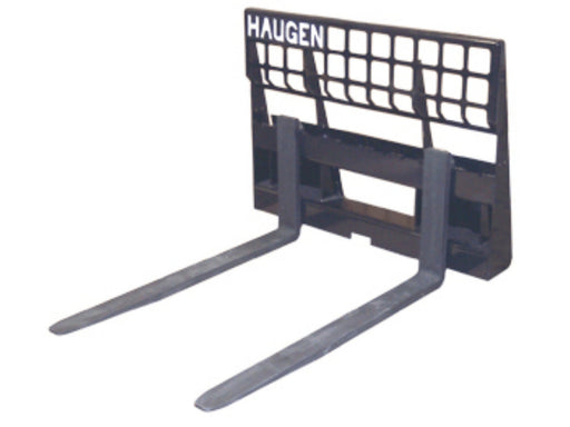 Haugen pallet forks for skid steers with adjustable forged tines and heavy-duty quick-attach frame for lifting pallets, lumber, and construction materials.