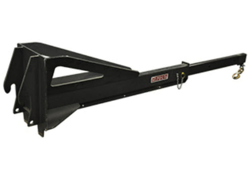 Haugen adjustable jib for telehandlers shown with quick-attach mount and lifting hook for extended reach material handling.