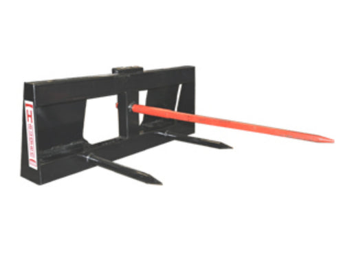 Haugen round bale spear attachment for skid steers with 49-inch red forged CONUS main tine and dual stabilizer tines, heavy-duty hay bale mover.