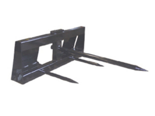 Haugen round bale spear for skid steers featuring forged CONUS main spear and two stabilizer tines on a reinforced heavy-duty frame for hay handling