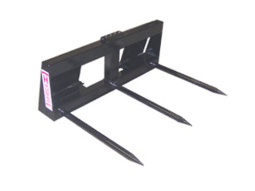 Haugen Square Bale Spear with three 32.5″ forged CONUS tines for skid steers, heavy-duty hay bale handler with replaceable tines and reinforced frame.