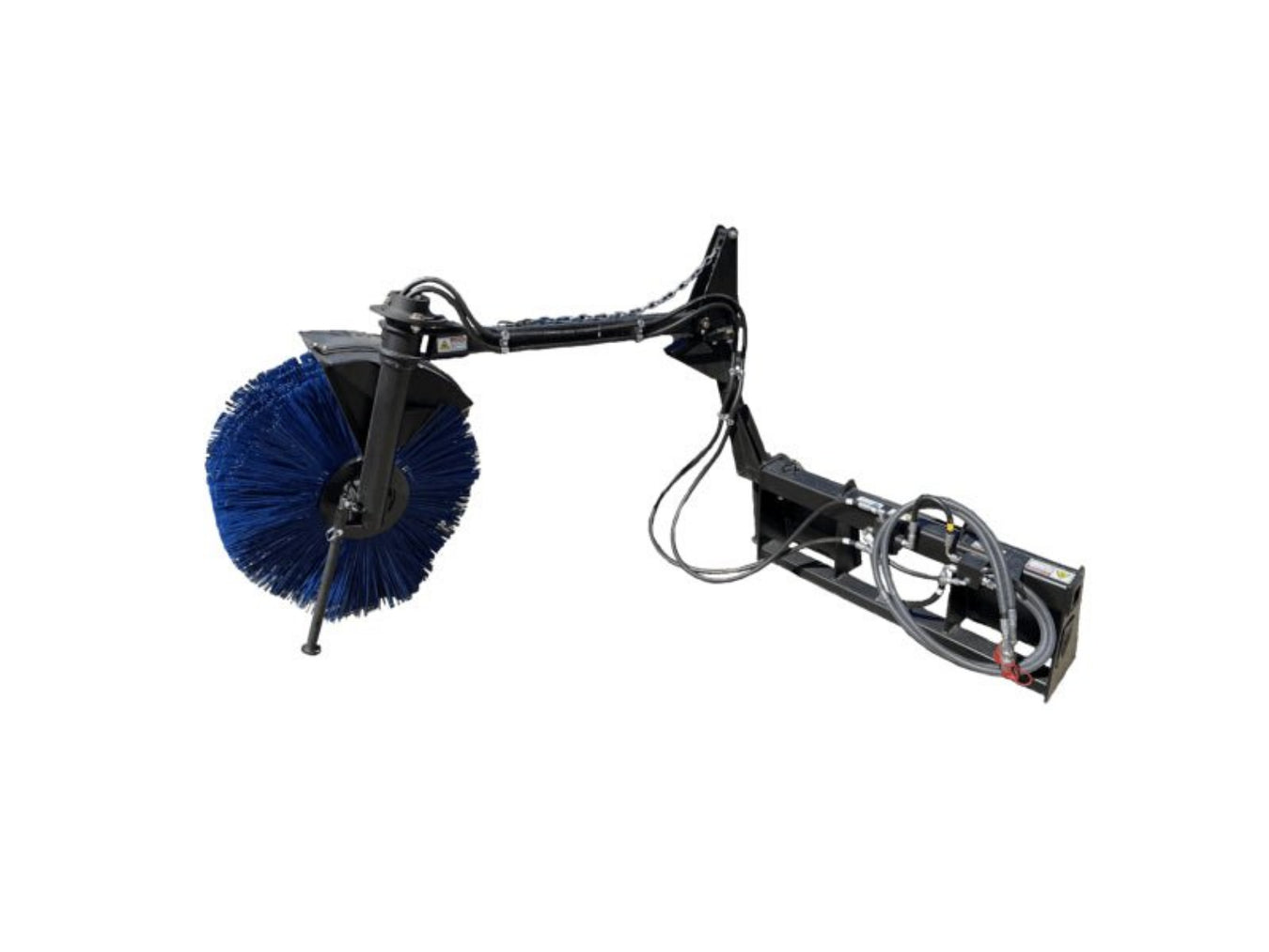 Maxx Attachments Bunk Sweeper skid steer attachment with blue rotary brush on white background.