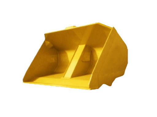 Heavy-duty yellow roll-out bucket attachment showing reinforced interior and high-capacity design.