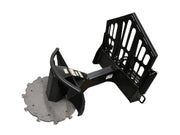 Skid steer tree saw attachment with heavy-duty cutting disk.